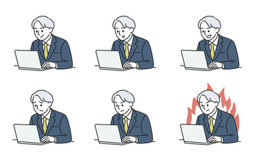 男性会社員のパソコン作業と表情変化のイラスト