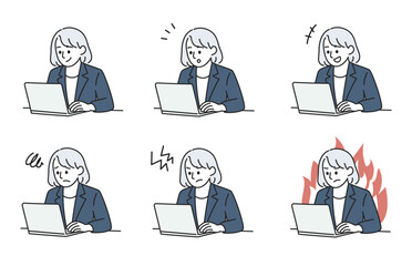 女性会社員のパソコン作業と感情バリエーションのイラスト