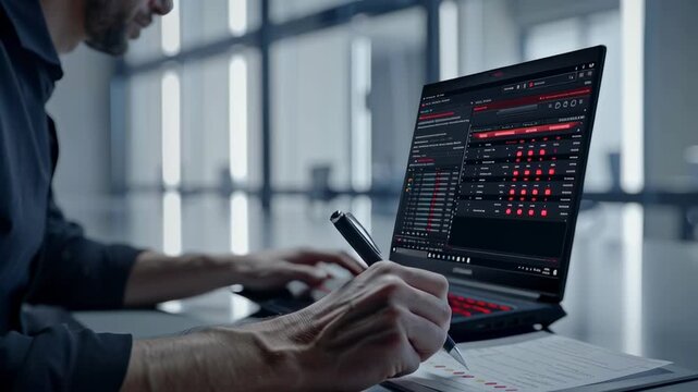 A professional typing on a laptop in a modern office, showcasing dynamic data on the screen.