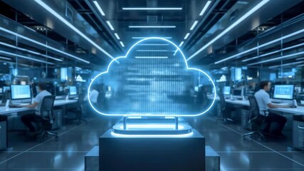 Futuristic data center with glowing cloud symbol, employees working on computers, digital innovation environment - Powered by Adobe