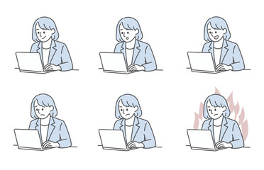 女性会社員のパソコン作業と感情バリエーションのイラスト