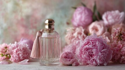 Elegant glass perfume bottle with surrounded by pink roses and peonies. Rose petals and shimmering silk fabric background. Soft pastel background. professional product photography. High-resolution