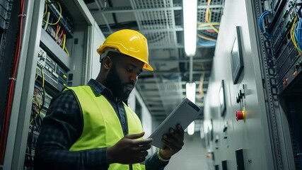 Black Man in Yellow Safety Helmet and Green Vest Examines Data Center Equipment Using Digital Tablet