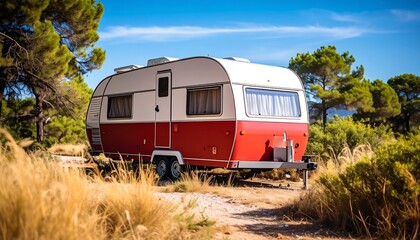 Fototapeta premium Vintage Caravan in Nature: A Classic Recreational Vehicle for Camping Adventures