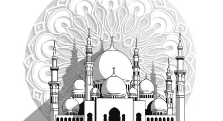 Intricate architectural design of a grand mosque with detailed domes and minarets