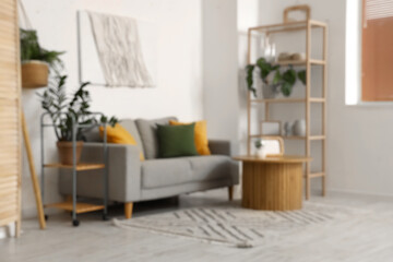 Trendy interior of living room with comfortable sofa, blurred view