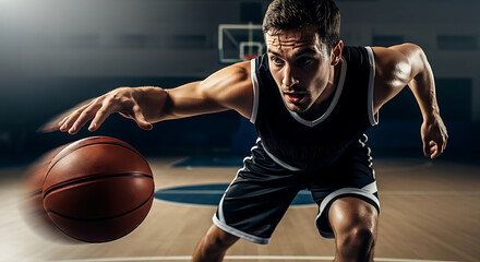 Dynamic male basketball player dribbling ball on court with intense focus during a game or practice session.