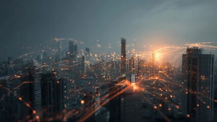 Urban skyline at sunset with glowing city lights and buildings, representing the concept of big data and Internet of things - Powered by Adobe
