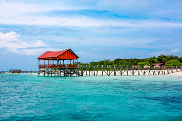 Oceanfront Island Resort Hotel Wooden Boardwalk Over Turquoise Waters