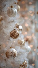 New Year or Christmas concept. White Christmas tree with white and gold ornaments. Christmas tree decorations. Christmas background. Christmas ornaments and snowflakes. Greeting card. Copy space      