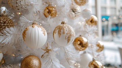 New Year or Christmas concept. White Christmas tree with white and gold ornaments. Christmas tree decorations. Christmas background. Christmas ornaments and snowflakes. Greeting card. Copy space      