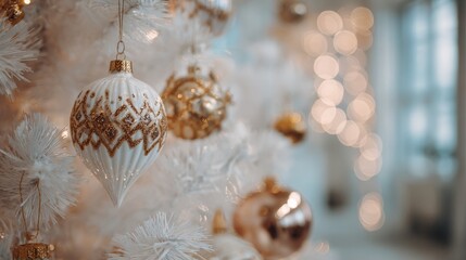 New Year or Christmas concept. White Christmas tree with white and gold ornaments. Christmas tree decorations. Christmas background. Christmas ornaments and snowflakes. Greeting card. Copy space      