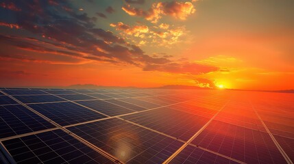 Solar panels at sunset with orange sky and clouds reflecting on the panel surfaces in the distance