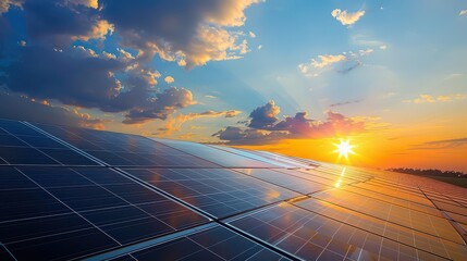 Solar panels reflecting the sunset under a partly cloudy sky with a bright sun shining through