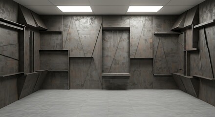Empty square room with stack of angle metal textures on wall