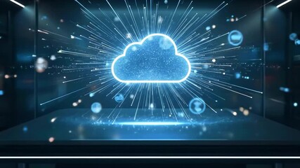 Futuristic digital cloud technology representation with data streams in a modern workspace setting - Powered by Adobe