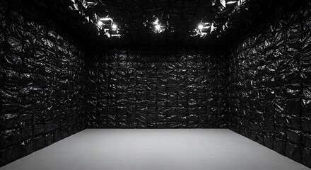 Empty square room with Texture of a black plastic bags on wall