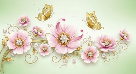 Elegant pink blossoms and golden butterflies adorned with pearls