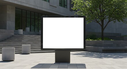 Obraz premium A modern digital billboard with a blank white screen stands prominently in an urban outdoor public space, surrounded by contemporary architecture and concrete elements