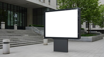 Fototapeta premium A modern blank billboard with a large white screen stands prominently in an urban plaza, ready for advertising or promotional content, set against a contemporary building facade