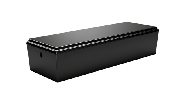 a sleek black coffin with a minimalist trapezoidal design on white background