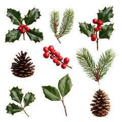 Christmas decoration with holly, mistletoe, and pine cone isolated on a white or transparent background, Christmas tree decoration