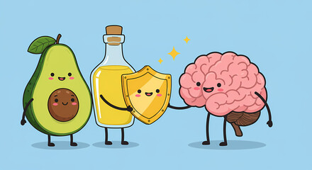A conceptual illustration of an avocado and oil protecting the brain, promoting healthy fats for cognitive function.