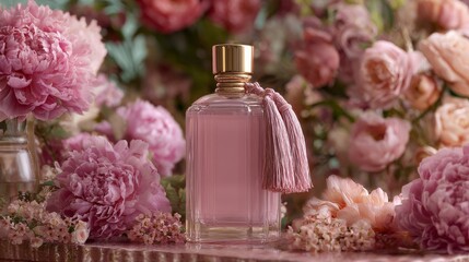 Elegant glass perfume bottle with surrounded by pink roses and peonies. Rose petals and shimmering silk fabric background. Soft pastel background. professional product photography. High-resolution