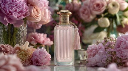 Elegant glass perfume bottle with surrounded by pink roses and peonies. Rose petals and shimmering silk fabric background. Soft pastel background. professional product photography. High-resolution
