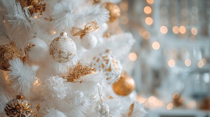 New Year or Christmas concept. White Christmas tree with white and gold ornaments. Christmas tree decorations. Christmas background. Christmas ornaments and snowflakes. Greeting card. Copy space      
