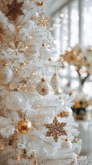 New Year or Christmas concept. White Christmas tree with white and gold ornaments. Christmas tree decorations. Christmas background. Christmas ornaments and snowflakes. Greeting card. Copy space      