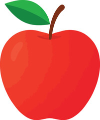 Simple Red Apple Illustration with Green Leaf and Brown Stem on White