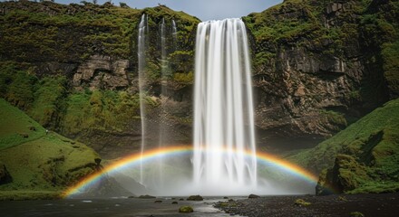 Majestic Waterfall with Rainbow, Iceland Landscape, Nature Beauty