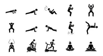 Collection of fitness and exercise icons isolated on transparent background