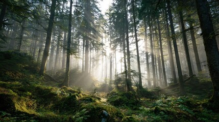 Obraz premium Sunlight filters through lush forest trees, illuminating the undergrowth. Serene nature