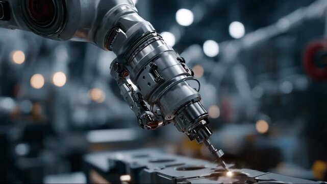 Industrial robotic arm performing precision work in modern factory  