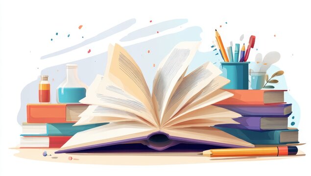 Open book, colorful stationery, and learning supplies