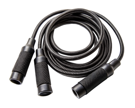 Black audio cable with connector on white background showing isolated technology equipment