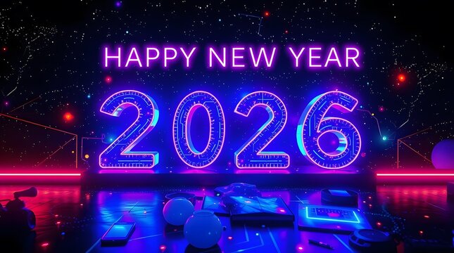 Neon 2026 New Year Celebration with Futuristic Tech Gadgets