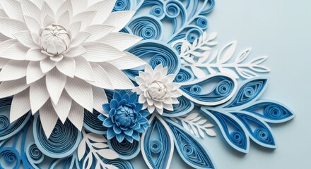 Intricate paper quilling floral arrangement in shades of blue and white