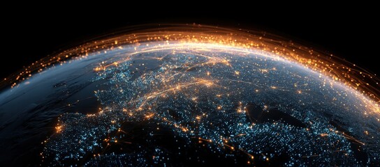 Earth at night, city lights glowing