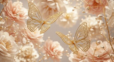 Enchanting golden butterflies amidst softly blooming peonies