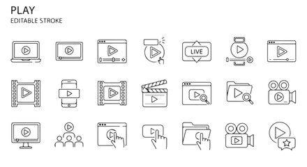 E-learning and webinar line icon set. A collection of symbols for online courses, live tutorials, and educational video content.

