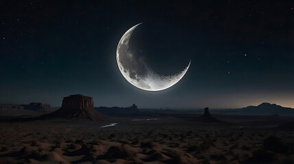 Full moon over the dark desert landscape, its bright light illuminating the night sky and distant mountains