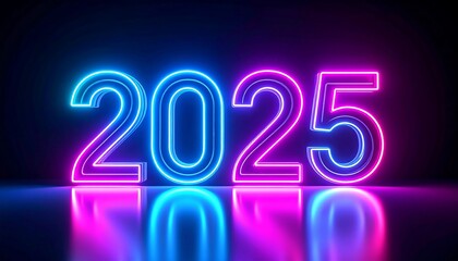 Neon 2025 digits brightly illuminate a dark reflective surface
