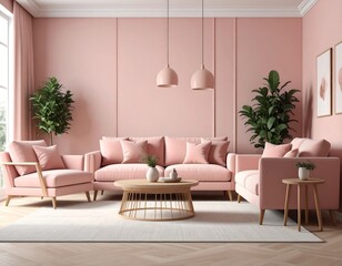 Pink living room with wood floors, plush sofa, and plants