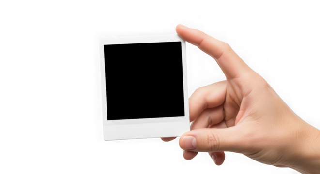 Hand holding a blank instant photo frame isolated on transparent background - Powered by Adobe