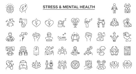 Psychology and emotion icon set. Outline illustrations of human feelings and psychological states like anxiety, depression, and stress.

