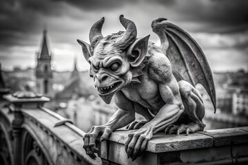 Gothic Gargoyle Statue on a Bridge Overlooking Cityscape