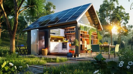 A tiny house with solar panels on the roof and a kitchen inside surrounded by green trees and grass